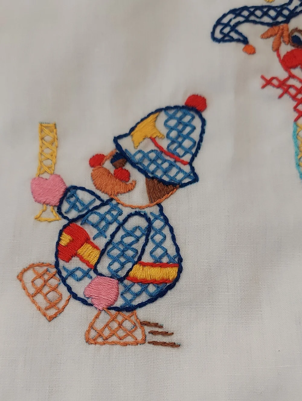 Playthings’ Crib Sheet Hand Embroidery from Bucilla Pattern  Vintage Clown Toys
